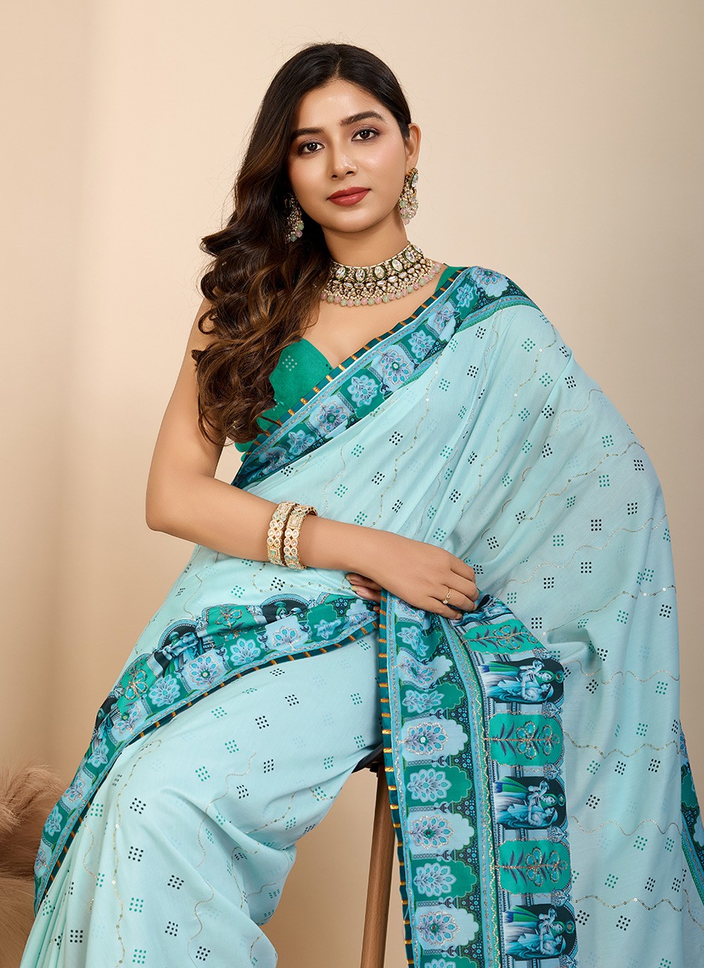 Contemporary Digital Print Turquoise Cotton Saree S13481