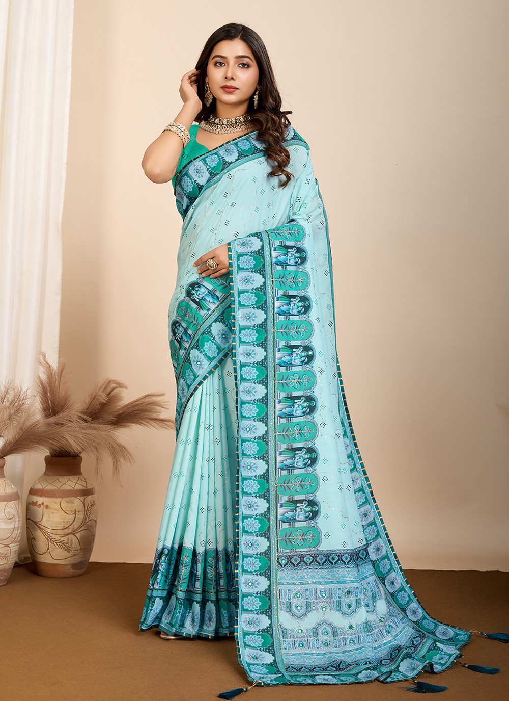 Contemporary Digital Print Turquoise Cotton Saree S13481