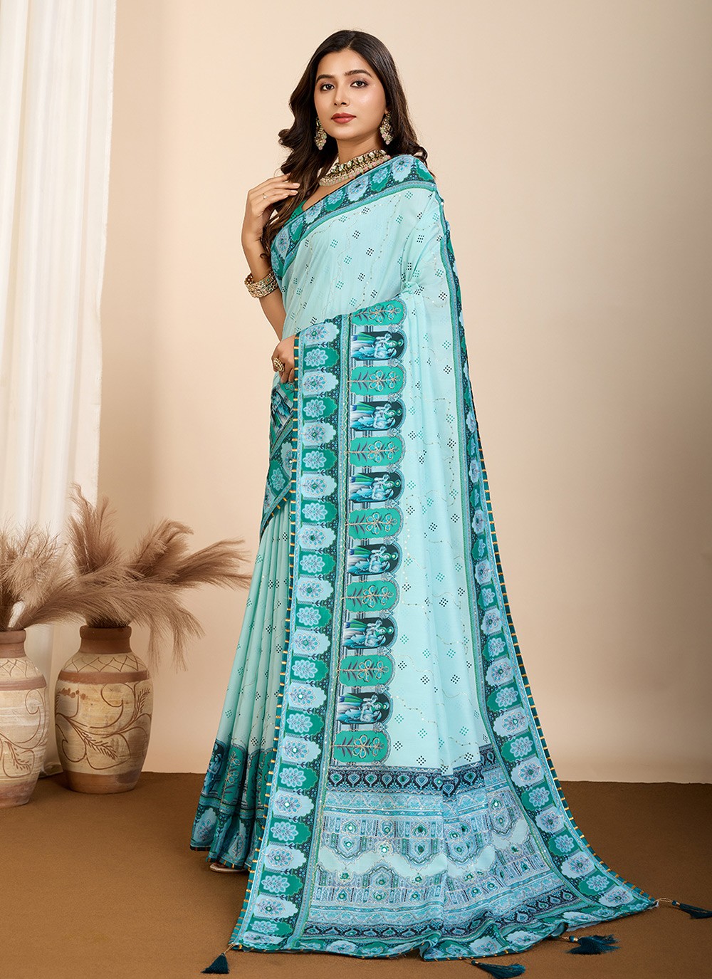 Contemporary Digital Print Turquoise Cotton Saree S13481