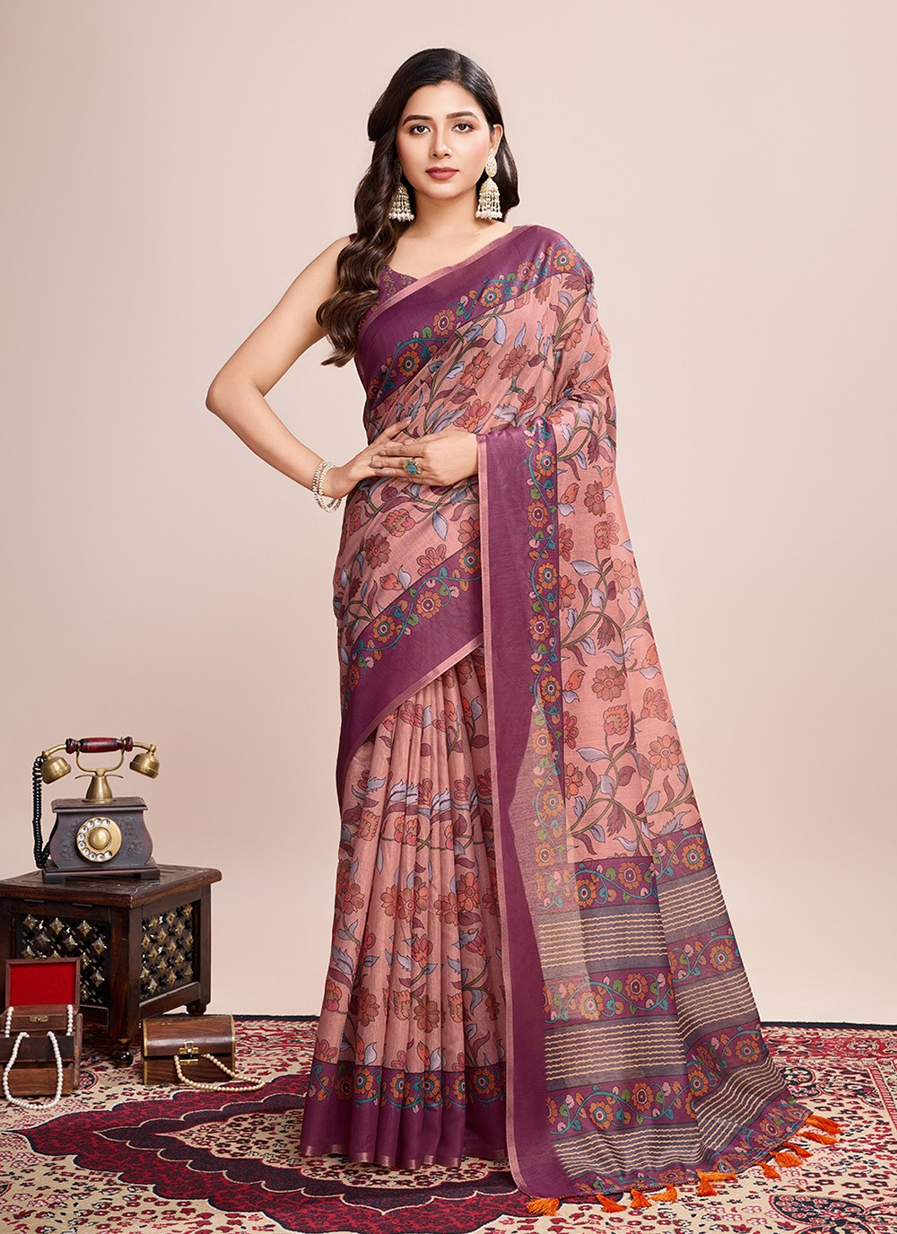 Border Work, Digital Print Linen Saree - S11538