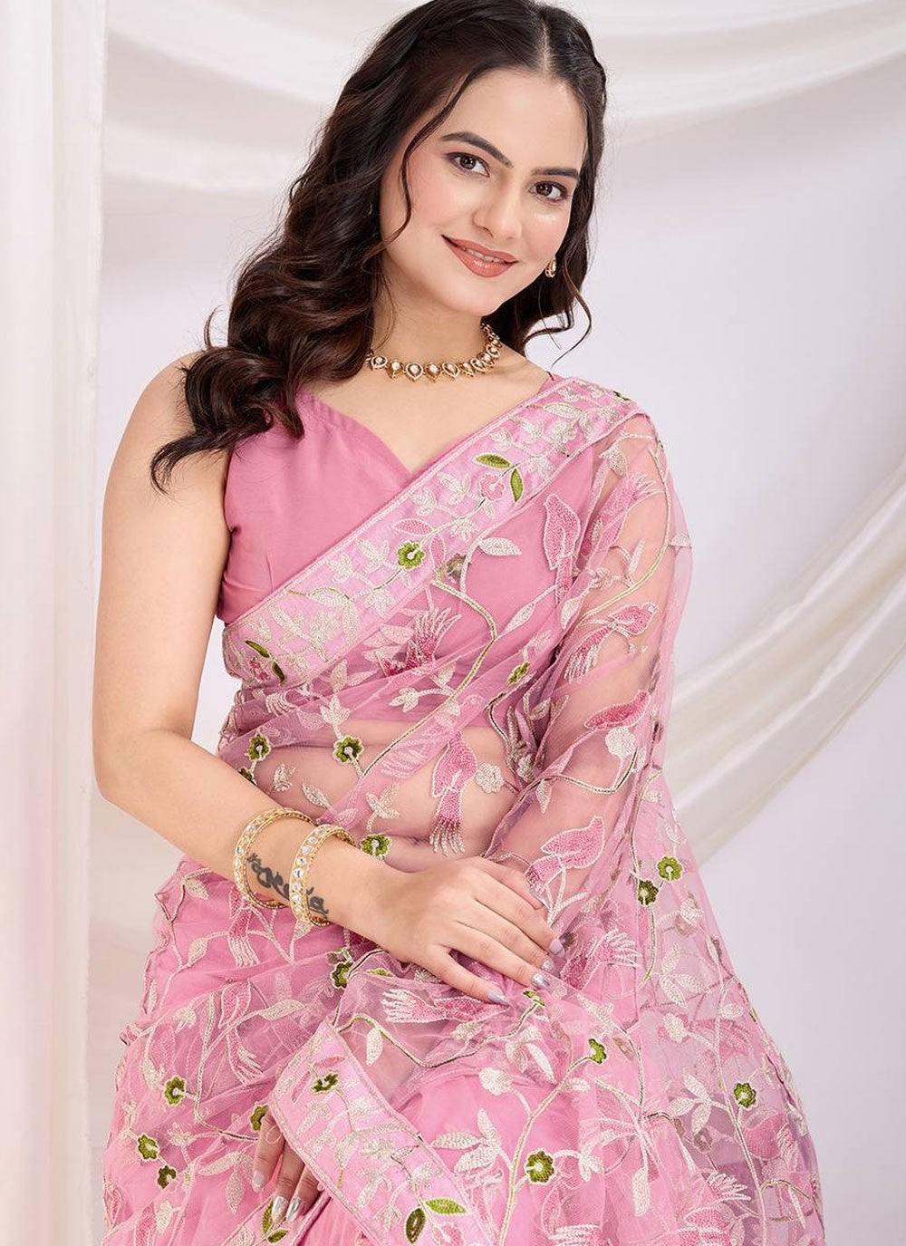 Contemporary Chikankari Work Pink Net Saree S13069