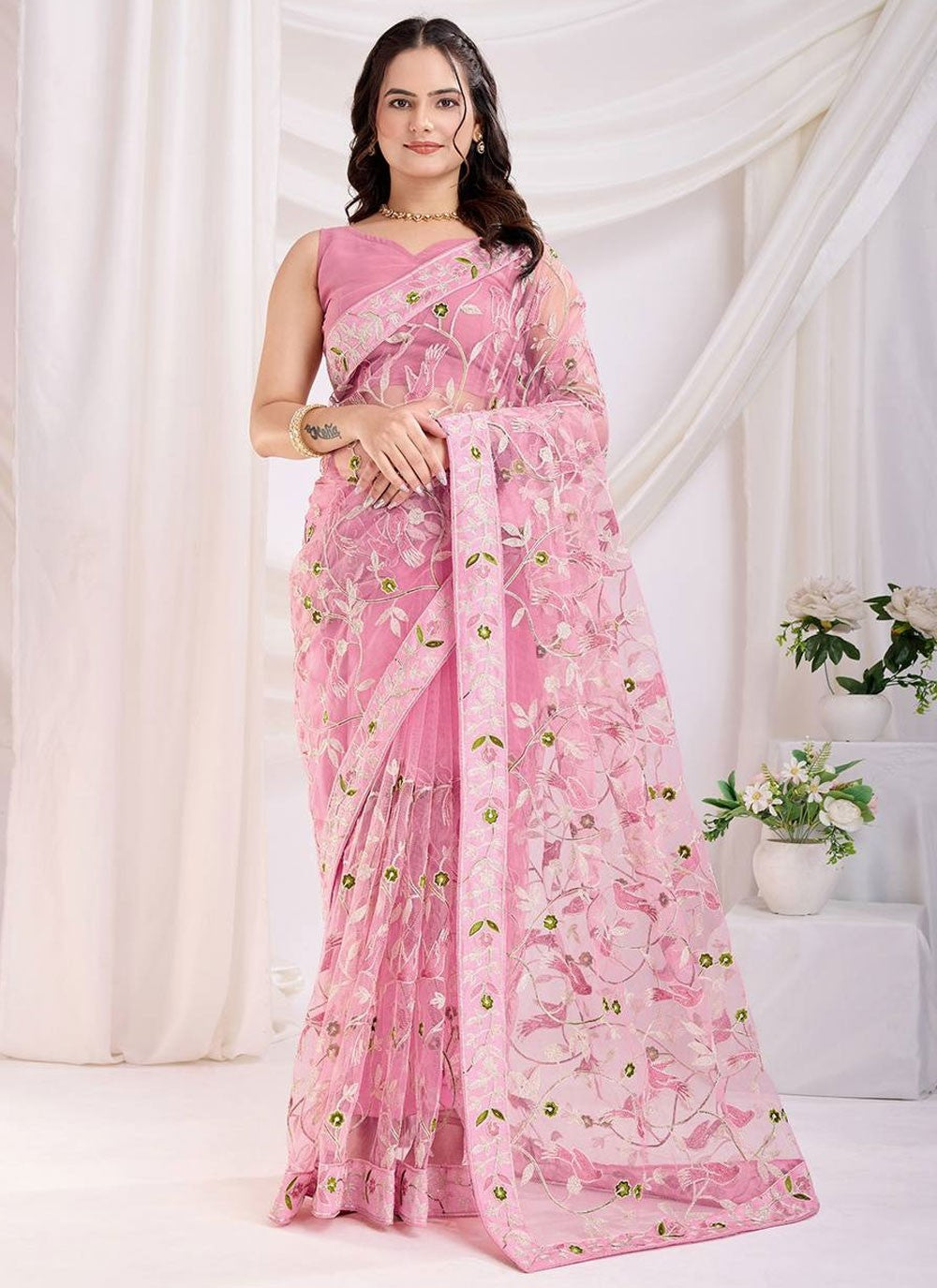 Contemporary Chikankari Work Pink Net Saree S13069