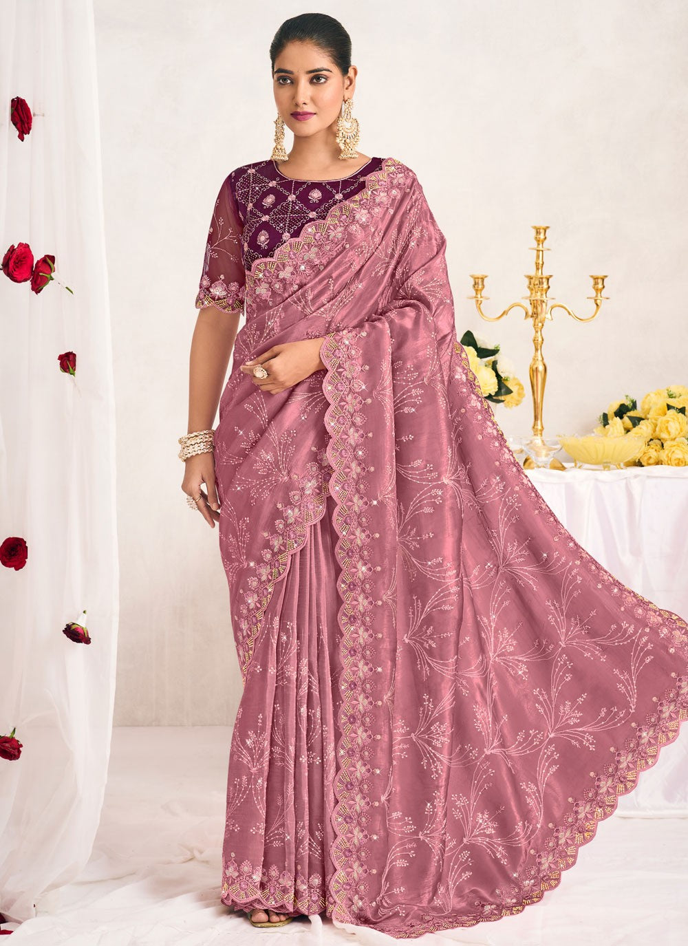 Contemporary Cut Work Pink, Purple Silk S12746