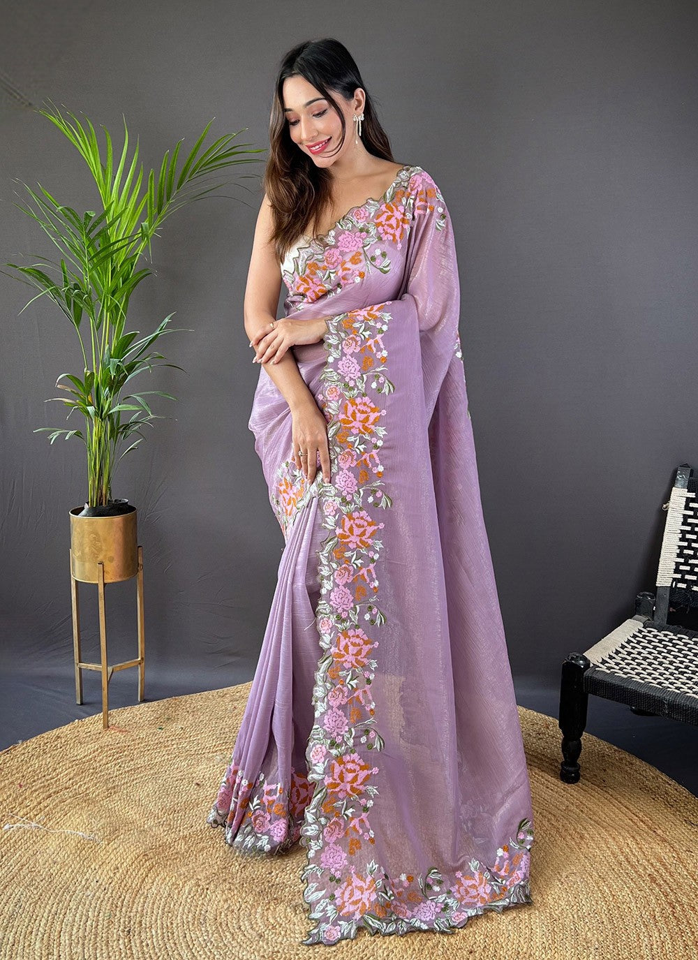 Cut Work, Embroidered Silk Saree - S11759