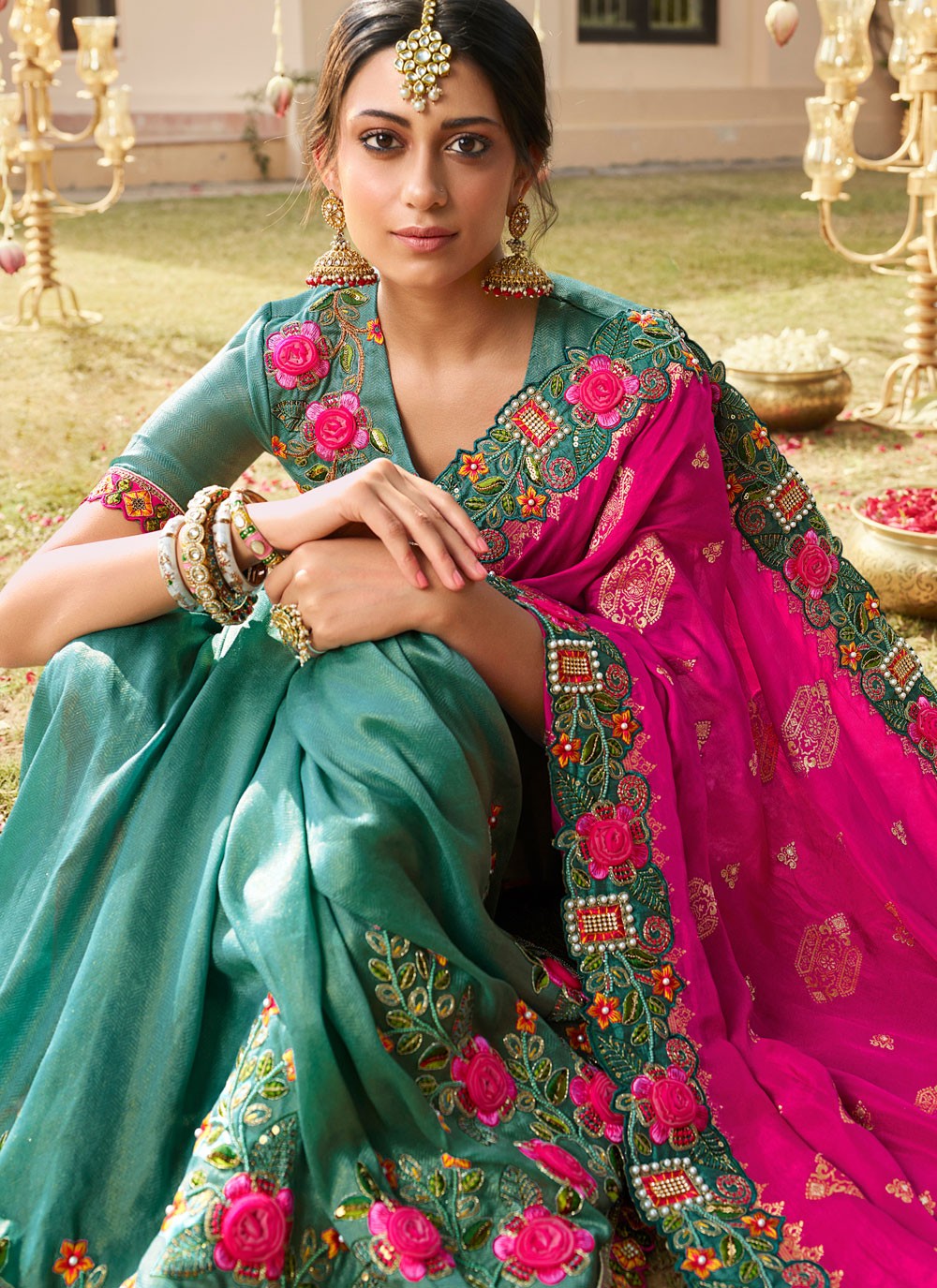 Contemporary Cut Work Hot Pink, Rama Silk Saree S13368