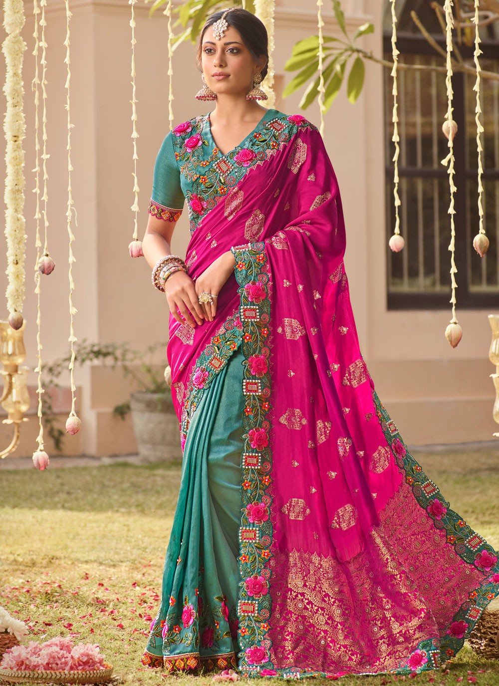 Contemporary Cut Work Hot Pink, Rama Silk Saree S13368