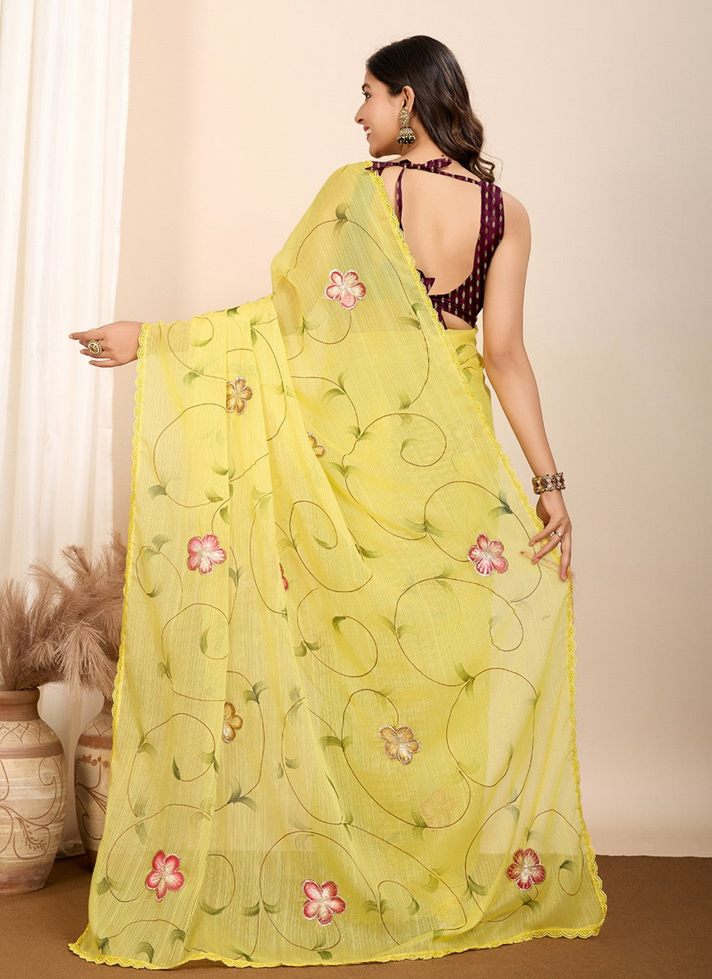 Contemporary Foliage Prints Yellow Georgette Saree S13463