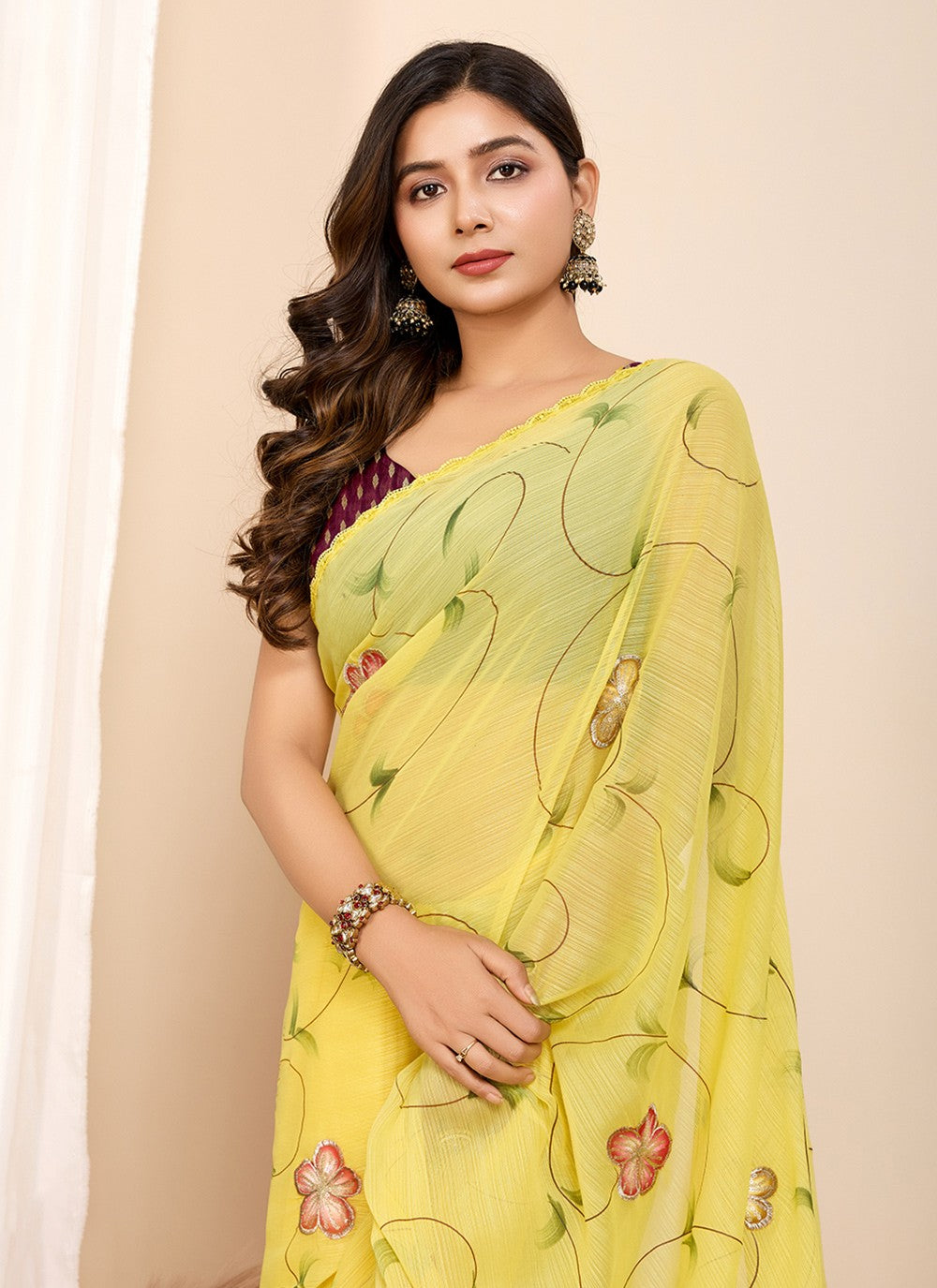 Contemporary Foliage Prints Yellow Georgette Saree S13463