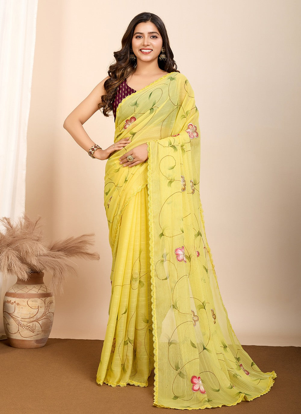 Contemporary Foliage Prints Yellow Georgette Saree S13463
