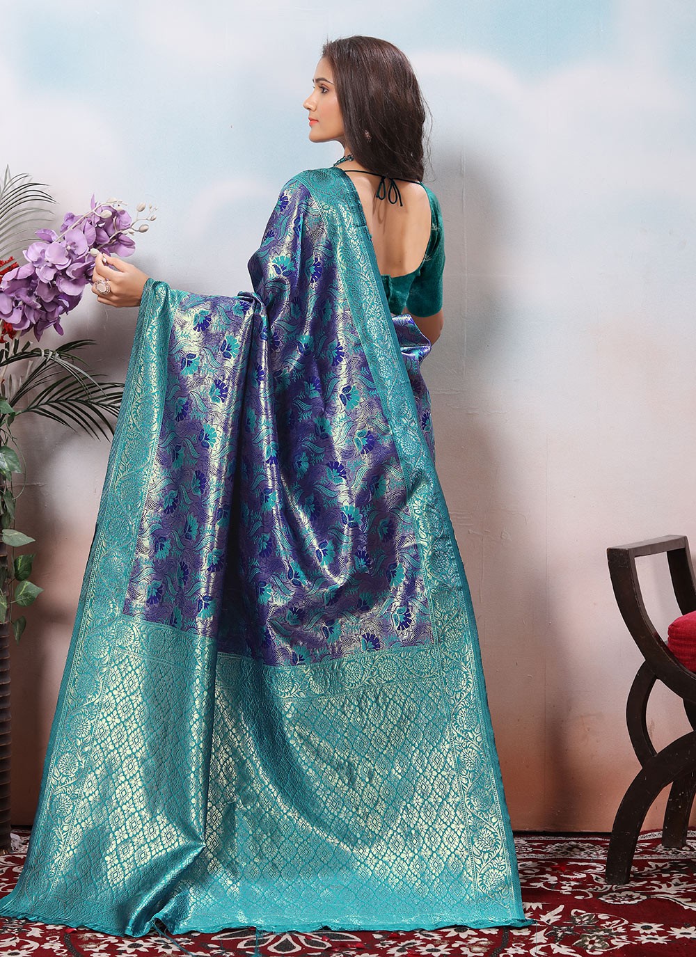 Weaving Zari Silk Blue Contemporary Saree S15384