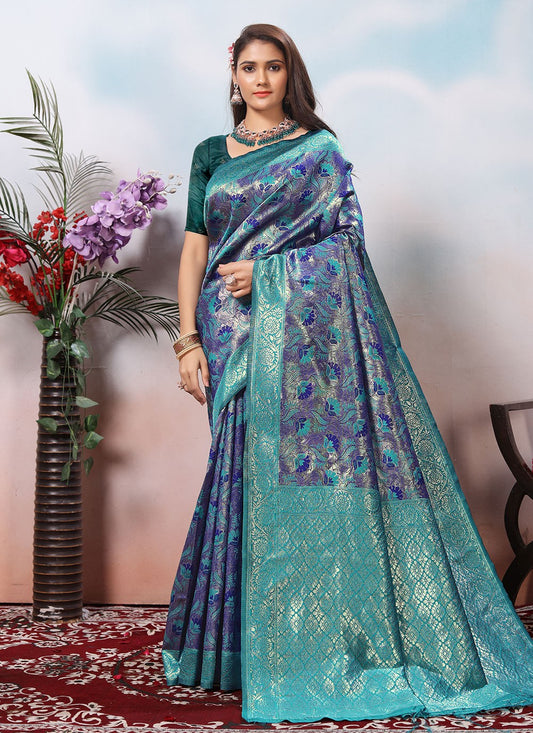 Weaving Zari Silk Blue Contemporary Saree S15384