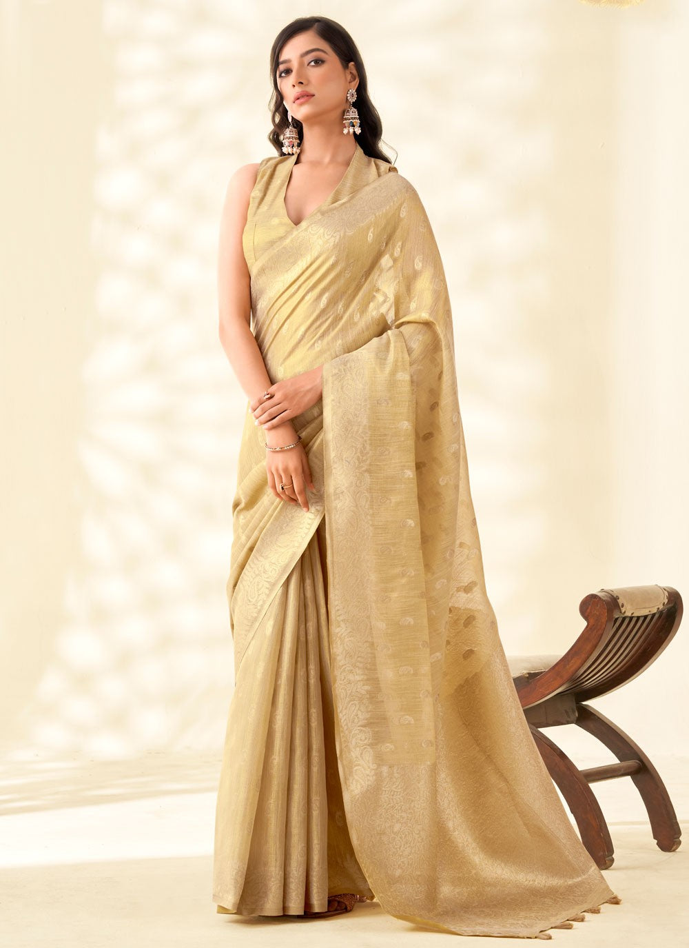 Brown Silk Contemporary Saree Buttis, Weaving Zari, Zari S17892