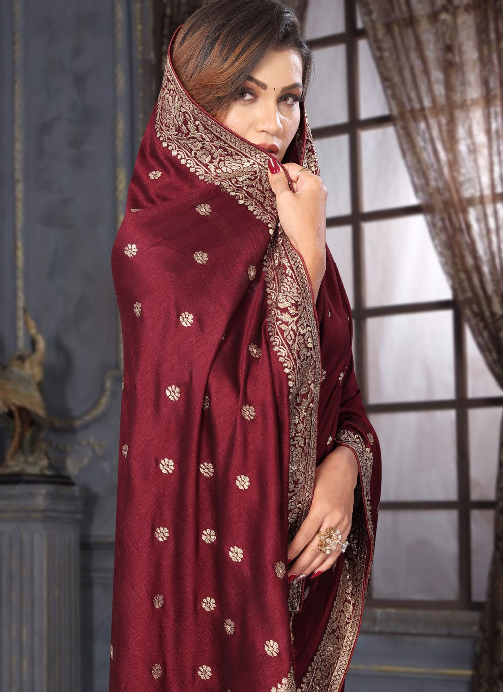 Classic Embroidered Vichitra Silk Saree - S7357