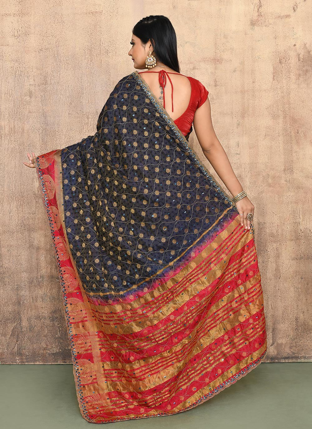 Contemporary Hand Embroidery Navy Blue Kanjivaram Silk Saree S13147
