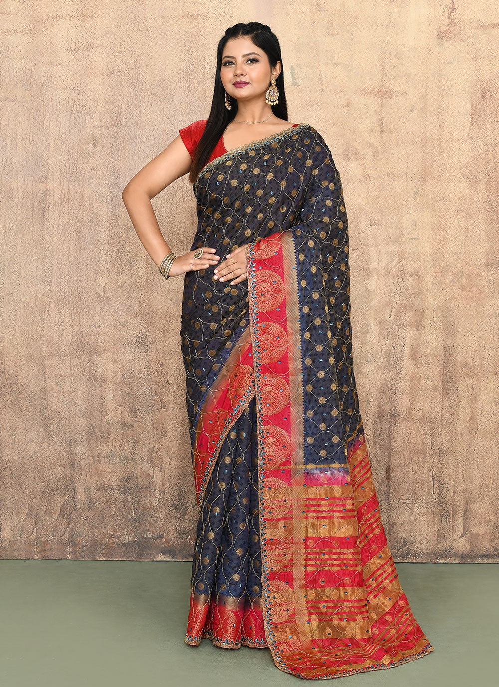 Contemporary Hand Embroidery Navy Blue Kanjivaram Silk Saree S13147