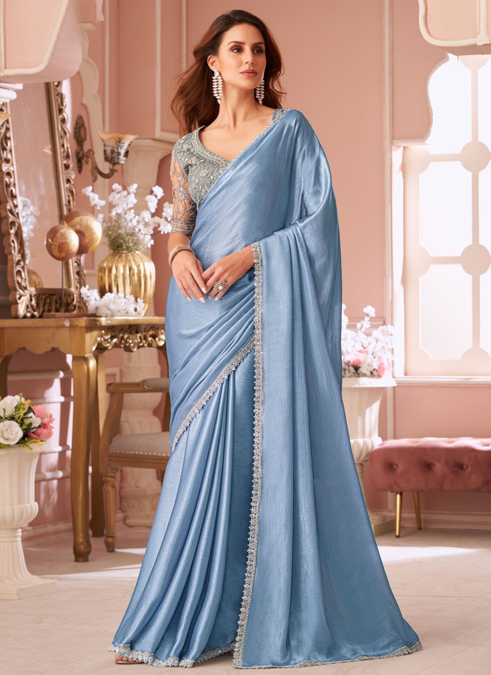Contemporary Border Work Blue Chiffon Saree S13643