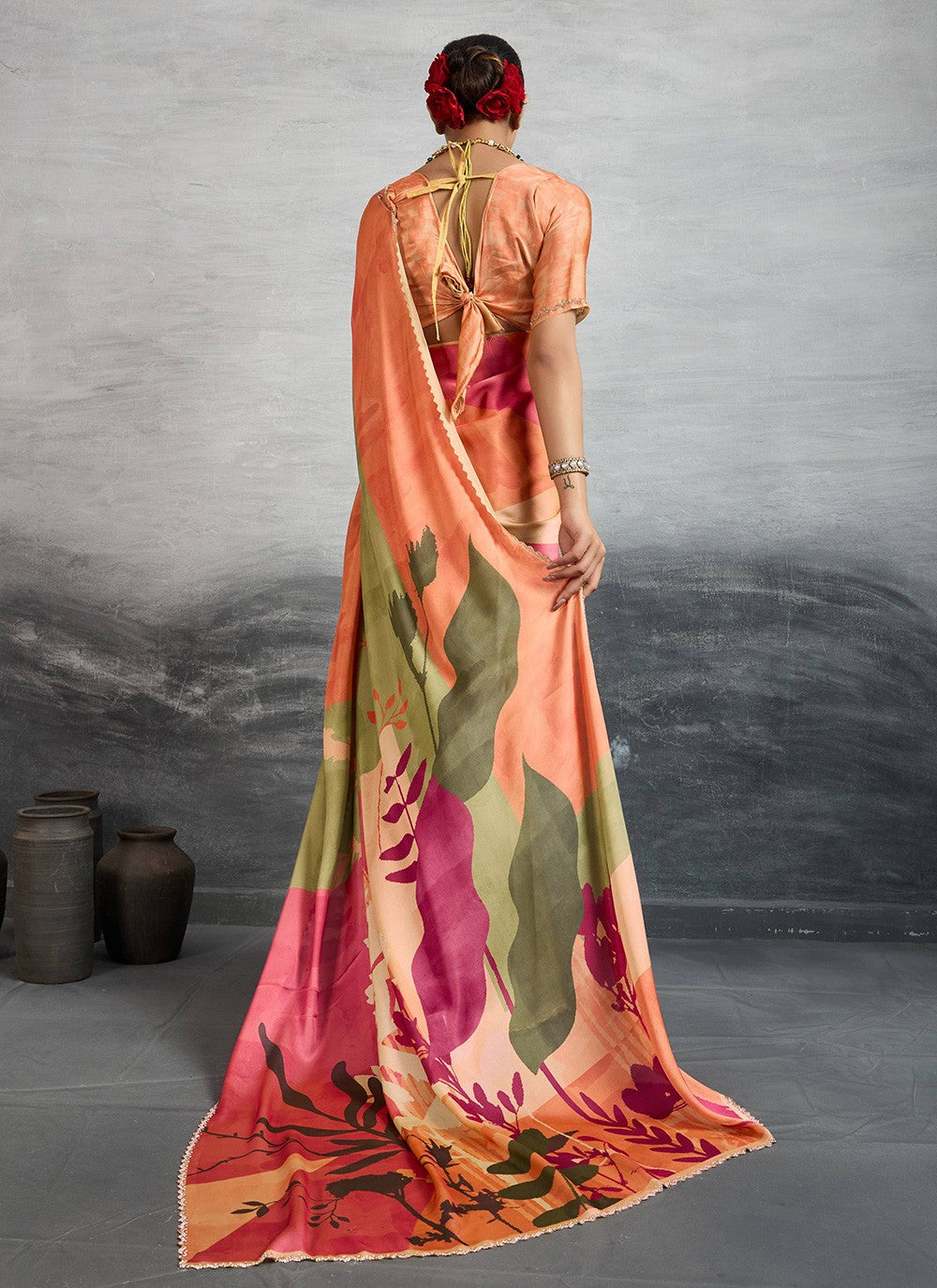 Orange Satin Silk Contemporary Saree Digital Print S18244