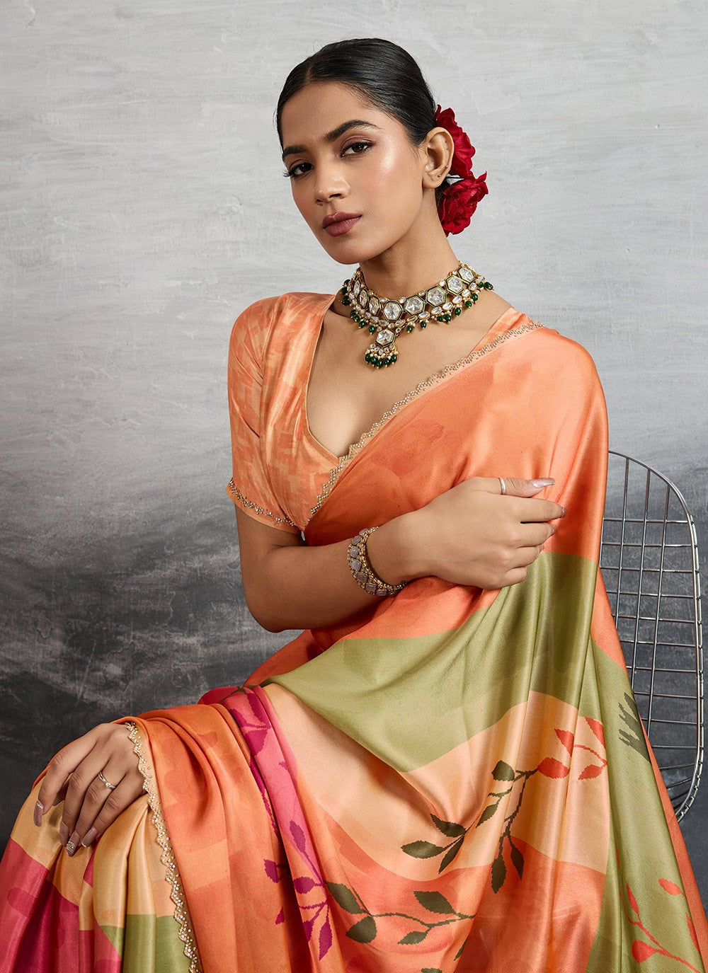 Orange Satin Silk Contemporary Saree Digital Print S18244