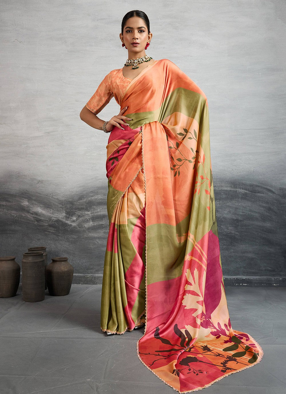 Orange Satin Silk Contemporary Saree Digital Print S18244