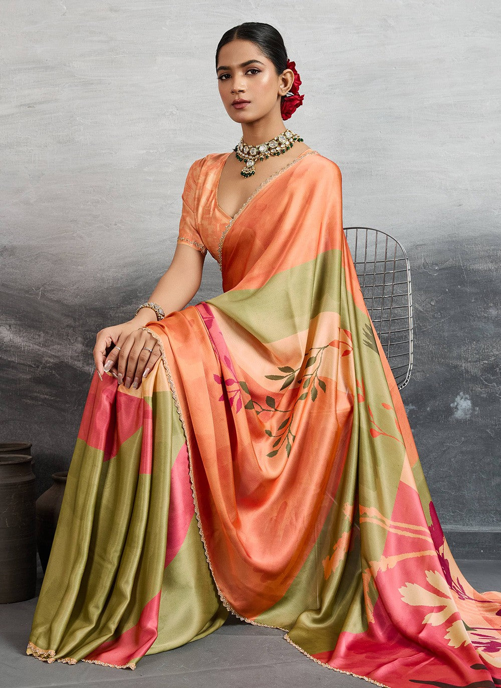 Orange Satin Silk Contemporary Saree Digital Print S18244