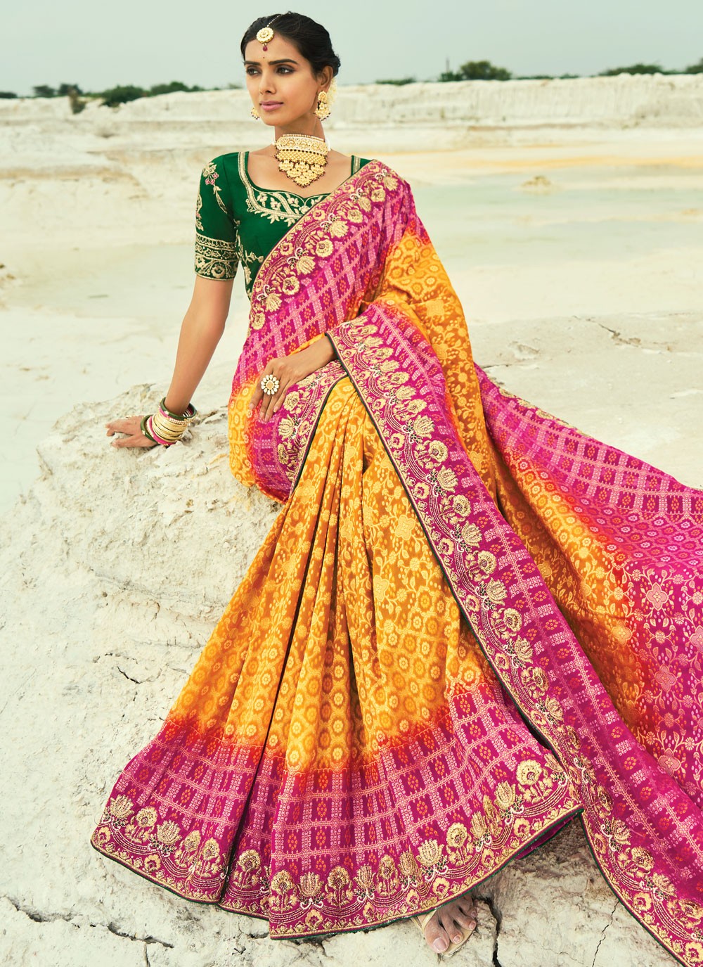 Hot Pink Pure Georgette Contemporary Saree Bandhej, Beads, Cutdana, Embroidered, Fancy Work, Zari S19122