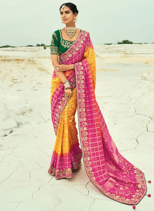 Hot Pink Pure Georgette Contemporary Saree Bandhej, Beads, Cutdana, Embroidered, Fancy Work, Zari S19122