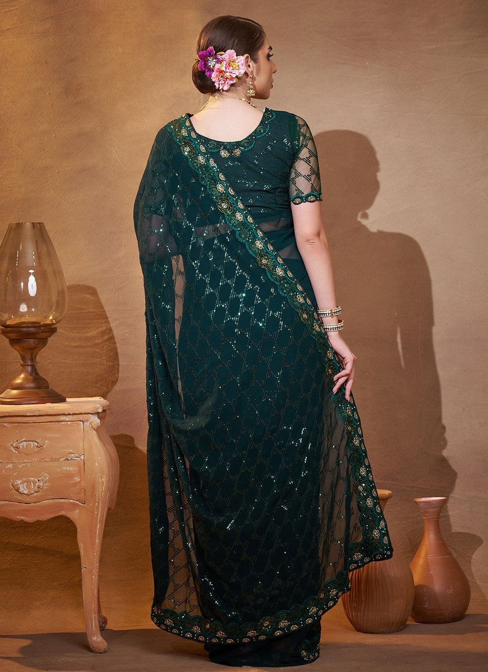 Embroidered Georgette Rama Saree S14726