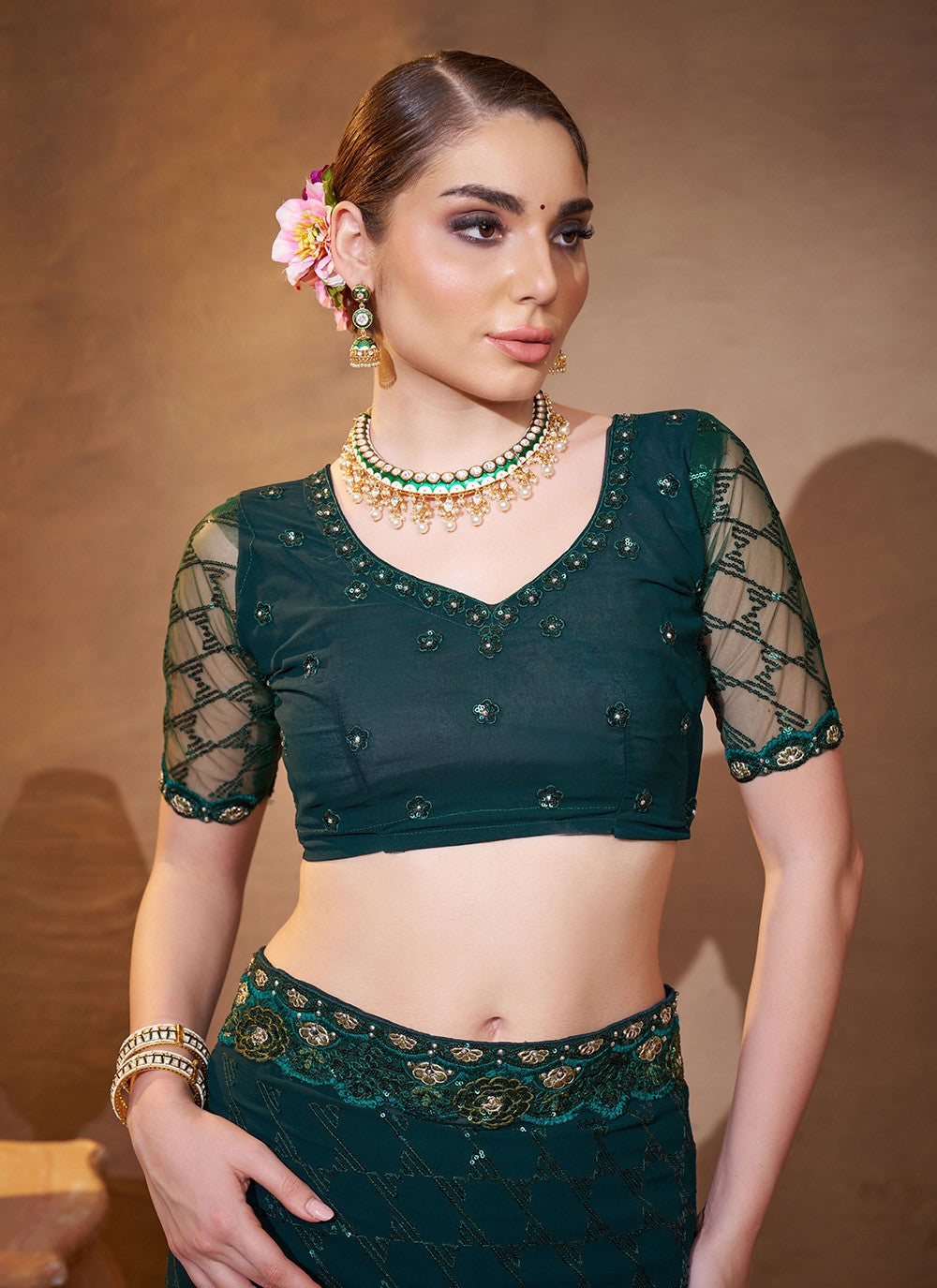 Embroidered Georgette Rama Saree S14726