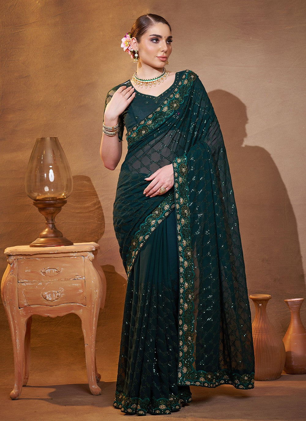 Embroidered Georgette Rama Saree S14726