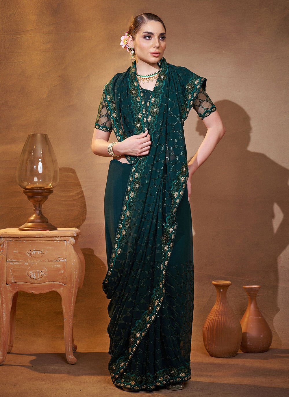 Embroidered Georgette Rama Saree S14726