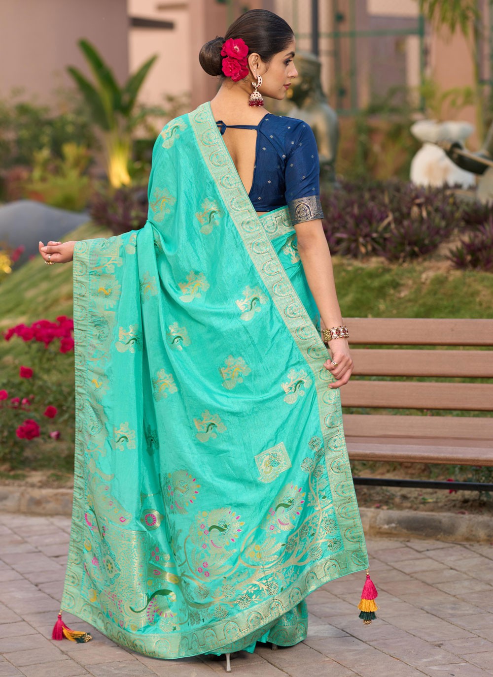 Meenakari Pure Dola Turquoise Contemporary Saree S14924