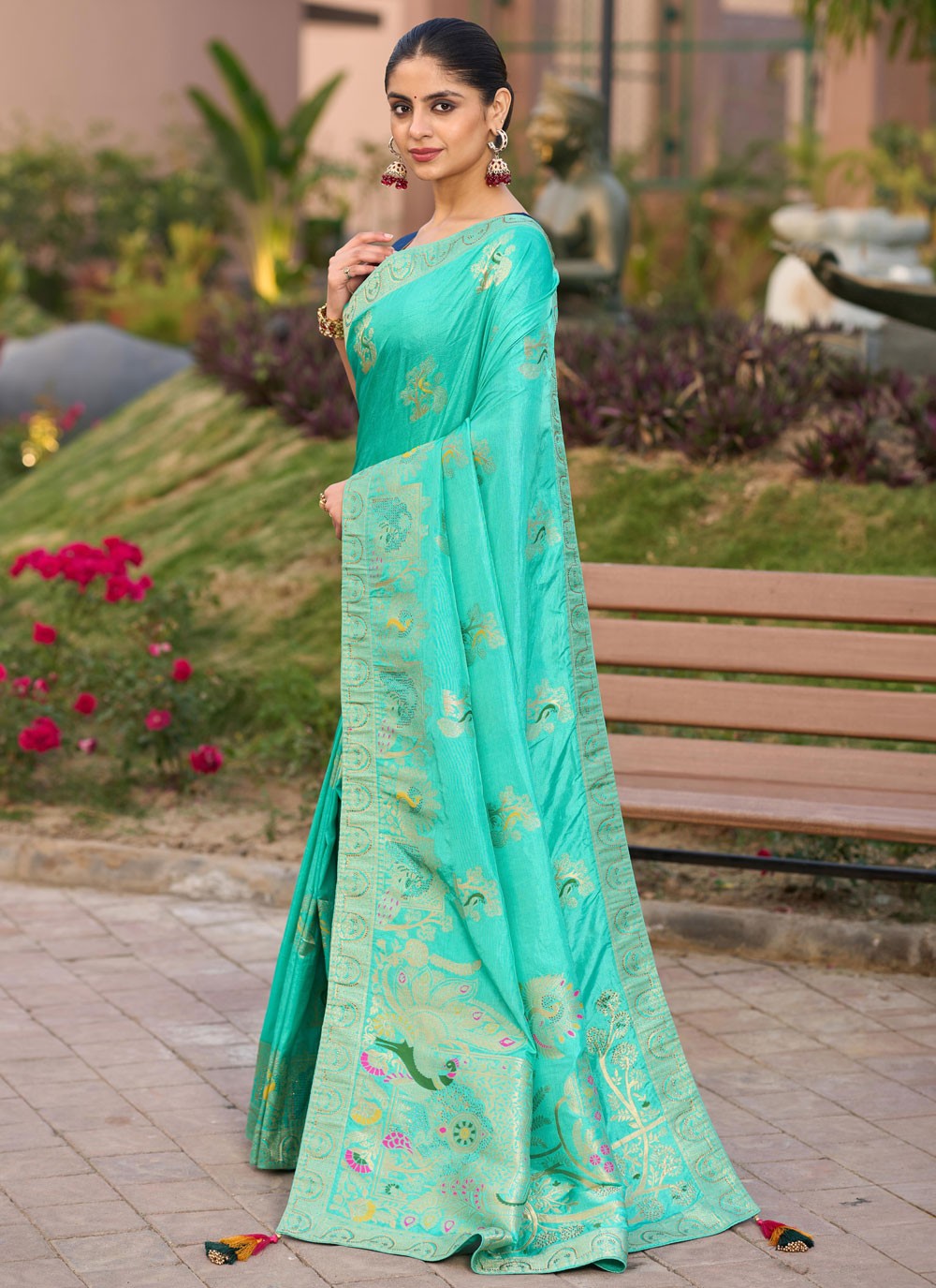 Meenakari Pure Dola Turquoise Contemporary Saree S14924