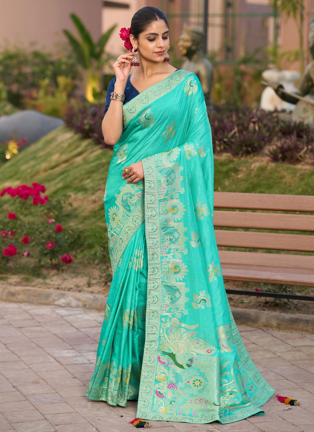 Meenakari Pure Dola Turquoise Contemporary Saree S14924