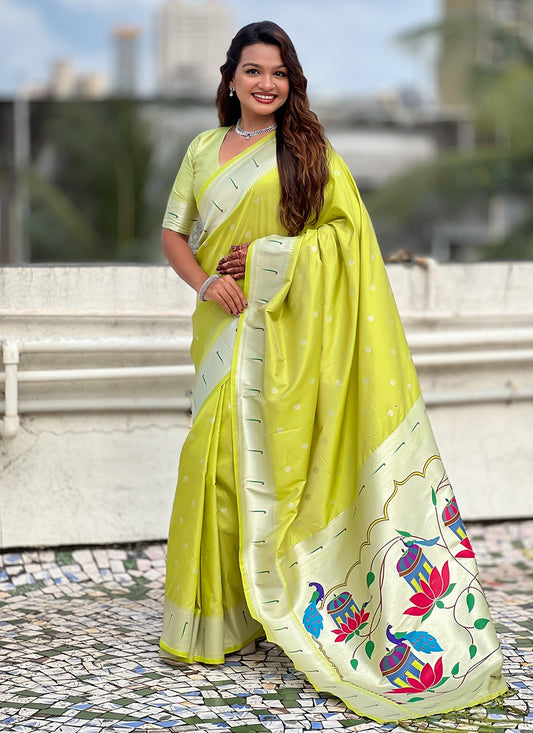 Green Silk Contemporary Saree Woven, Zari S19446