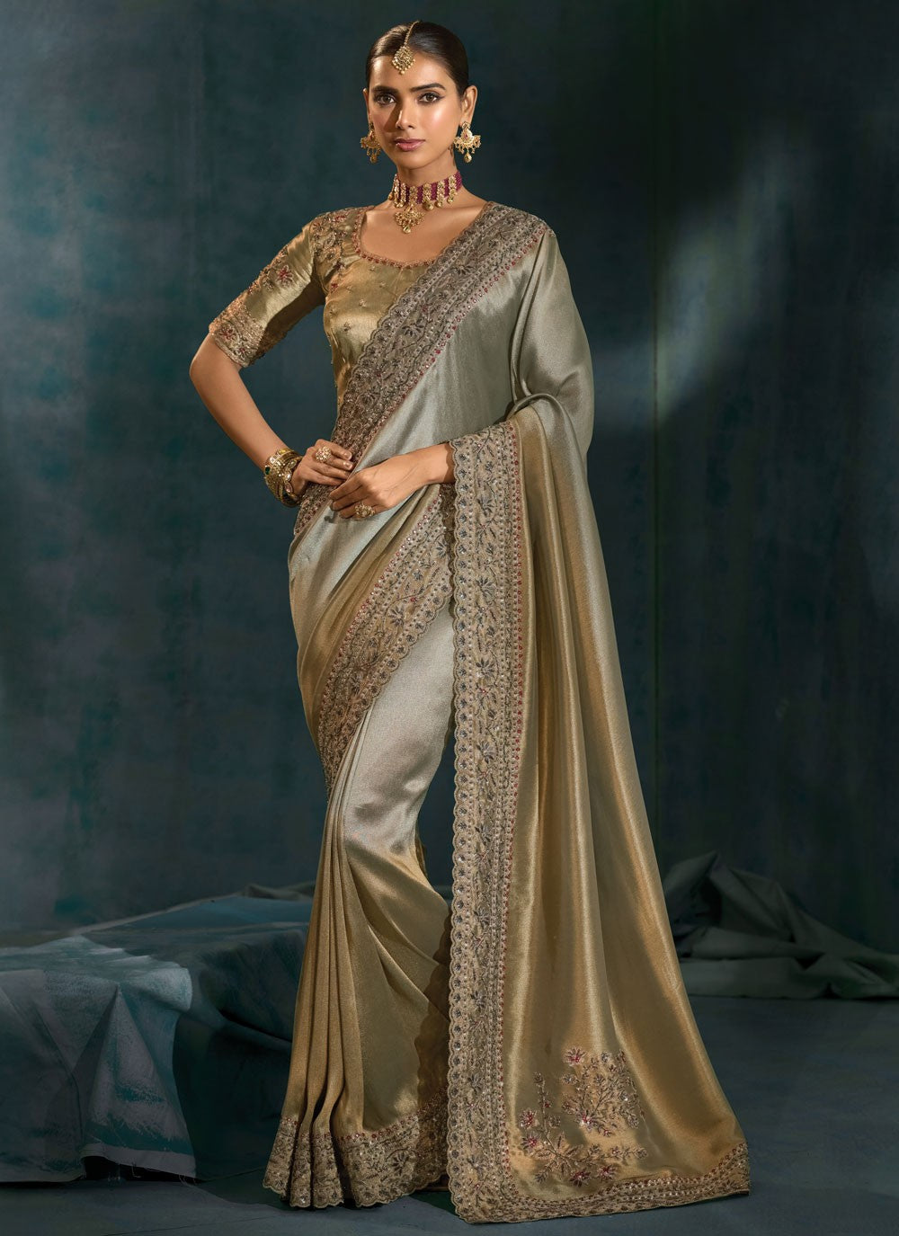 Grey Silk Contemporary Saree Cutdana, Embroidered, Mirror, Moti S19719