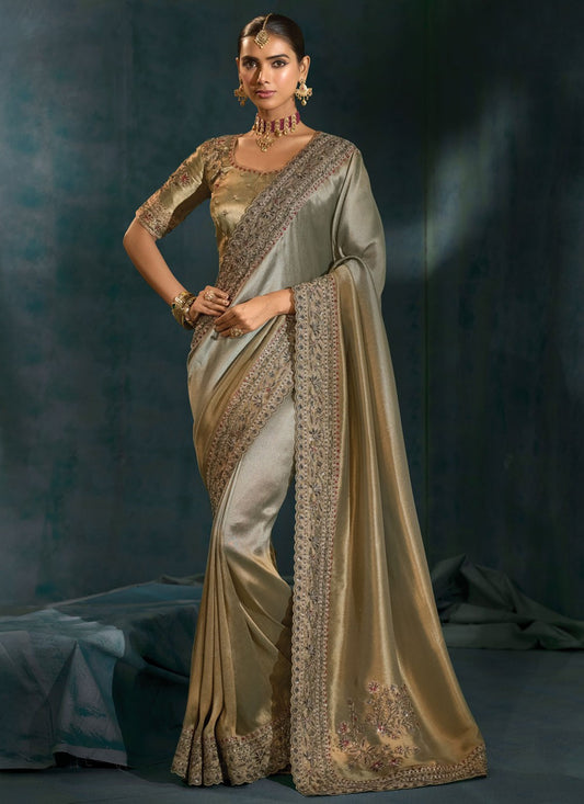 Grey Silk Contemporary Saree Cutdana, Embroidered, Mirror, Moti S19719