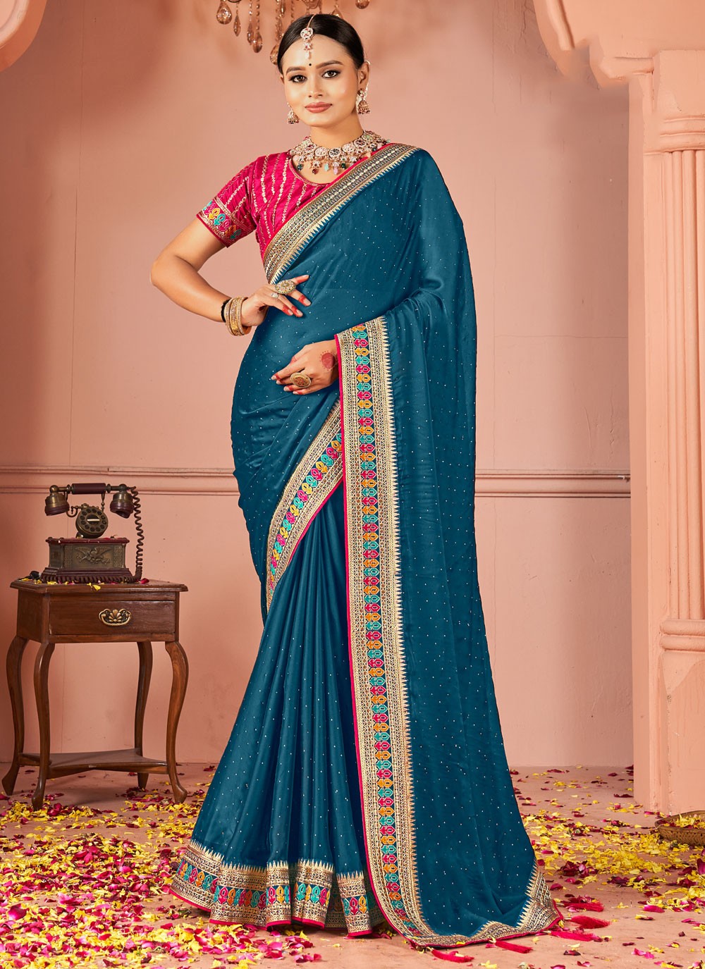 Contemporary Border Work Turquoise Rangoli Saree S13044