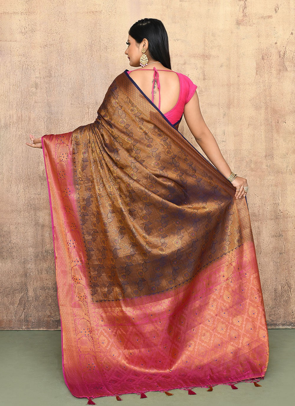 Contemporary Hand Embroidery Brown, Navy Blue Kanjivaram Silk Saree S13150