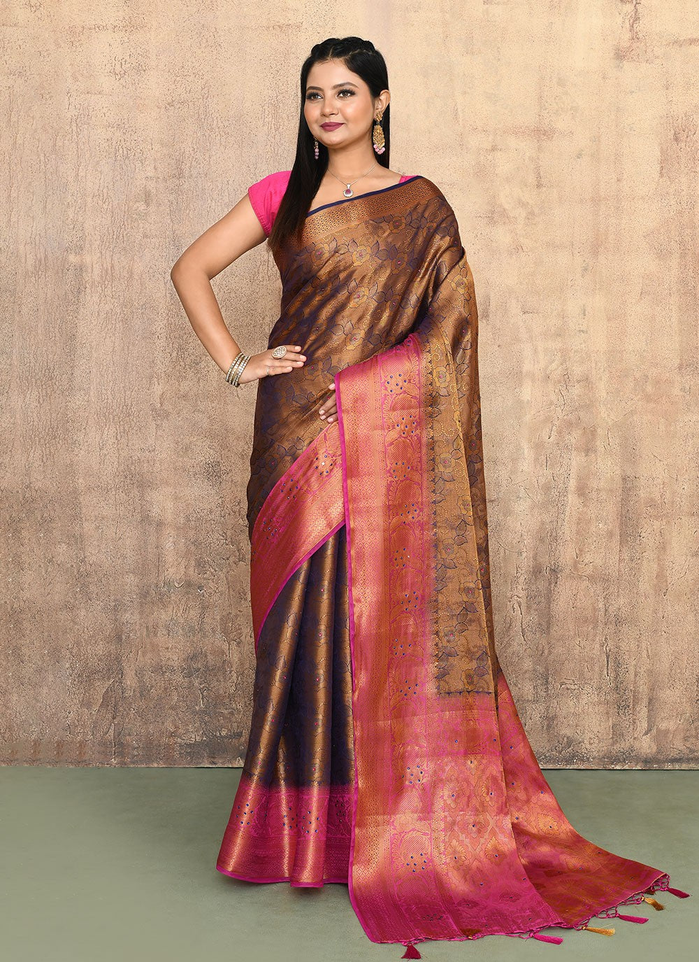 Contemporary Hand Embroidery Brown, Navy Blue Kanjivaram Silk Saree S13150
