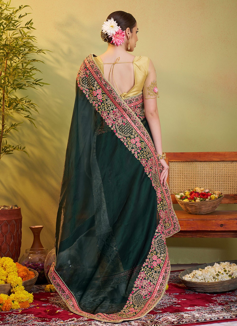 Embroidered Organza Green Saree S14722