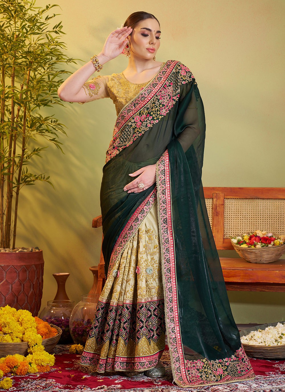 Embroidered Organza Green Saree S14722