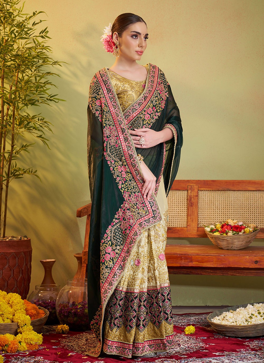 Embroidered Organza Green Saree S14722