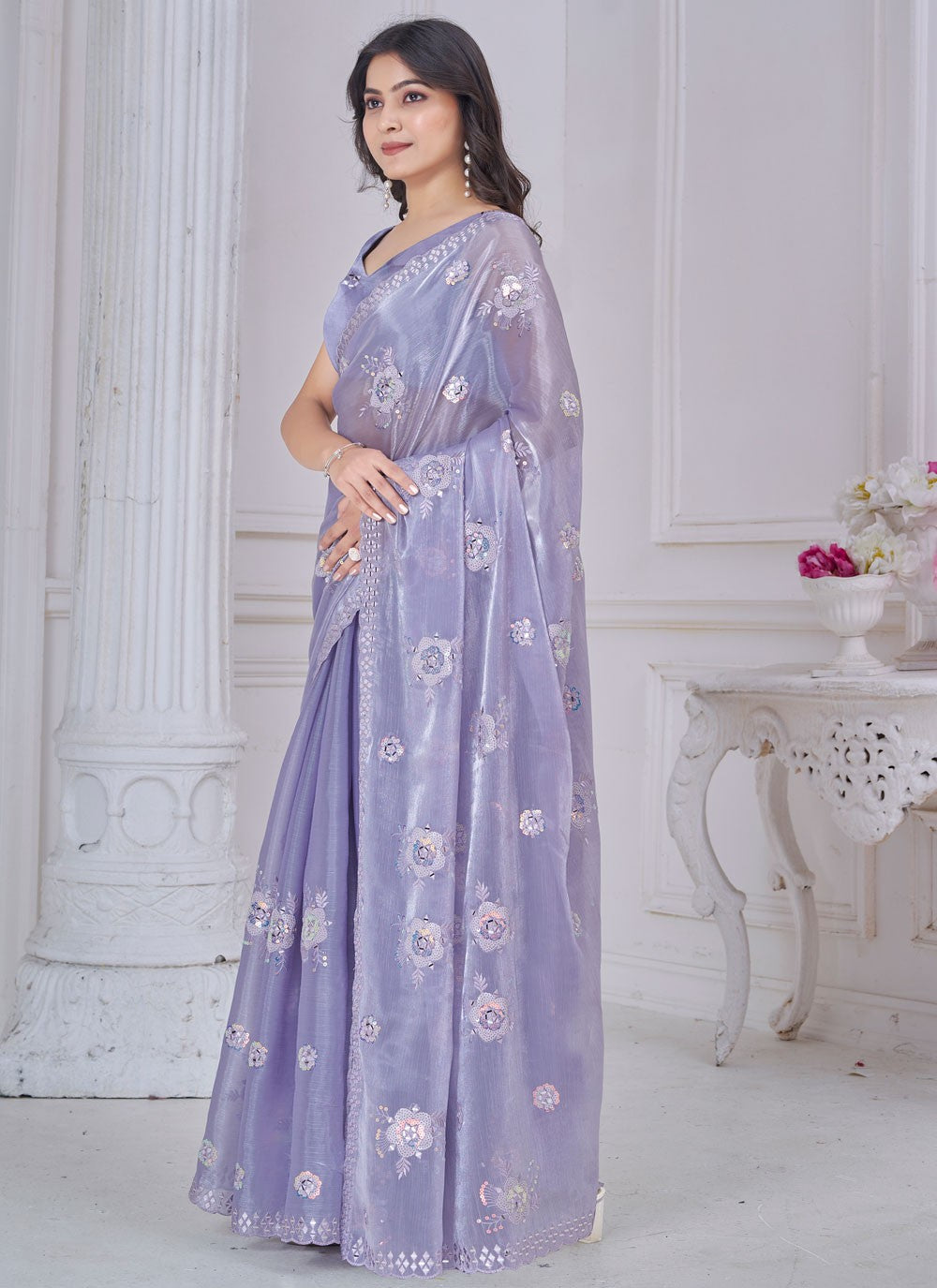 Embroidered Organza Blue Contemporary Saree S15235