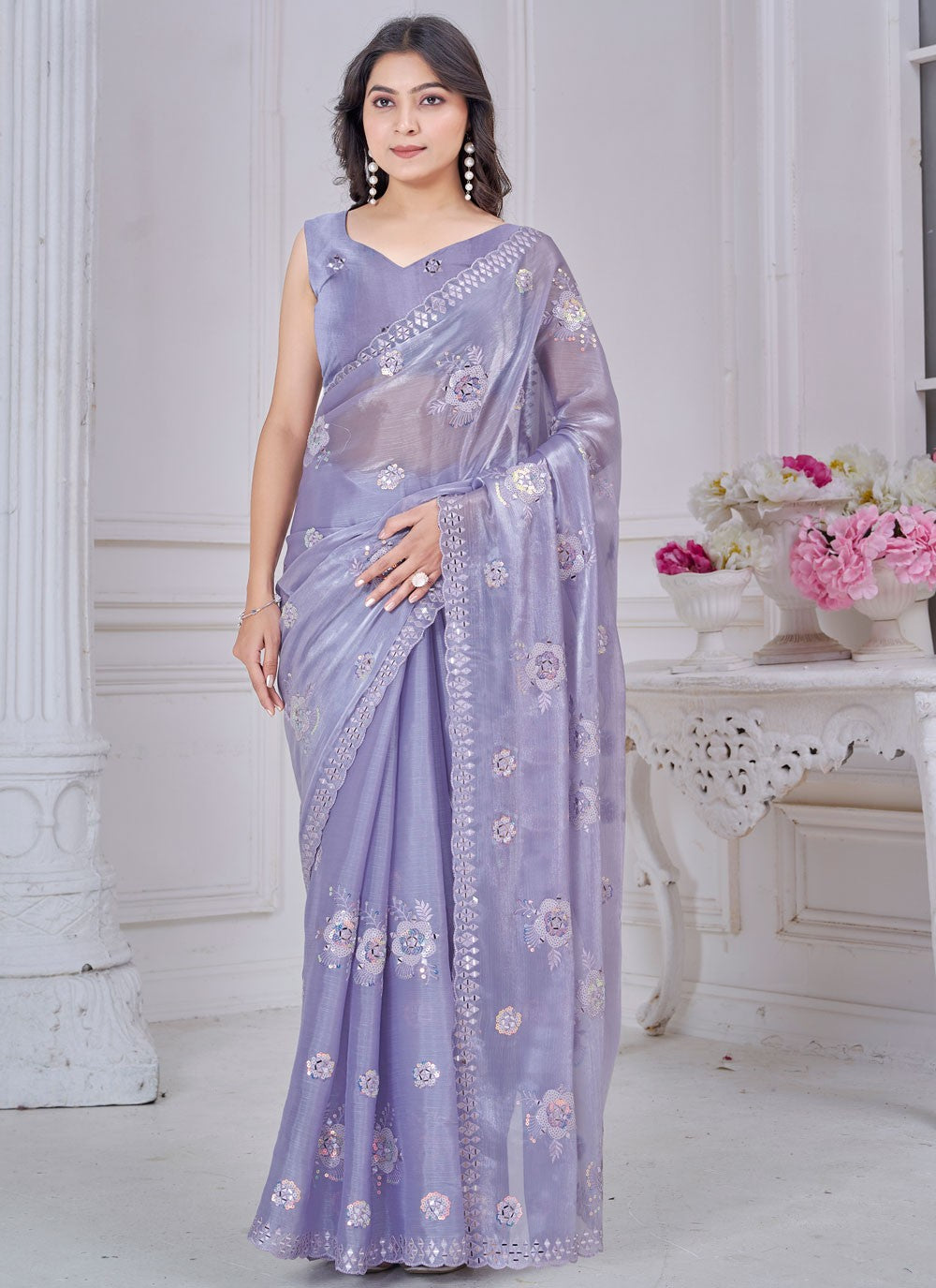 Embroidered Organza Blue Contemporary Saree S15235