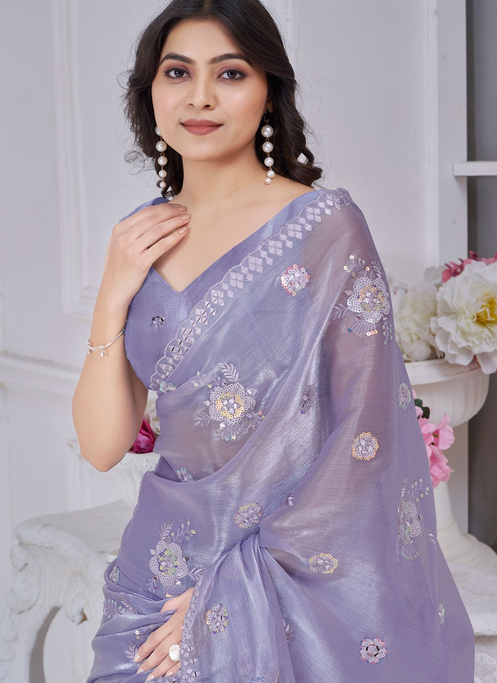 Embroidered Organza Blue Contemporary Saree S15235