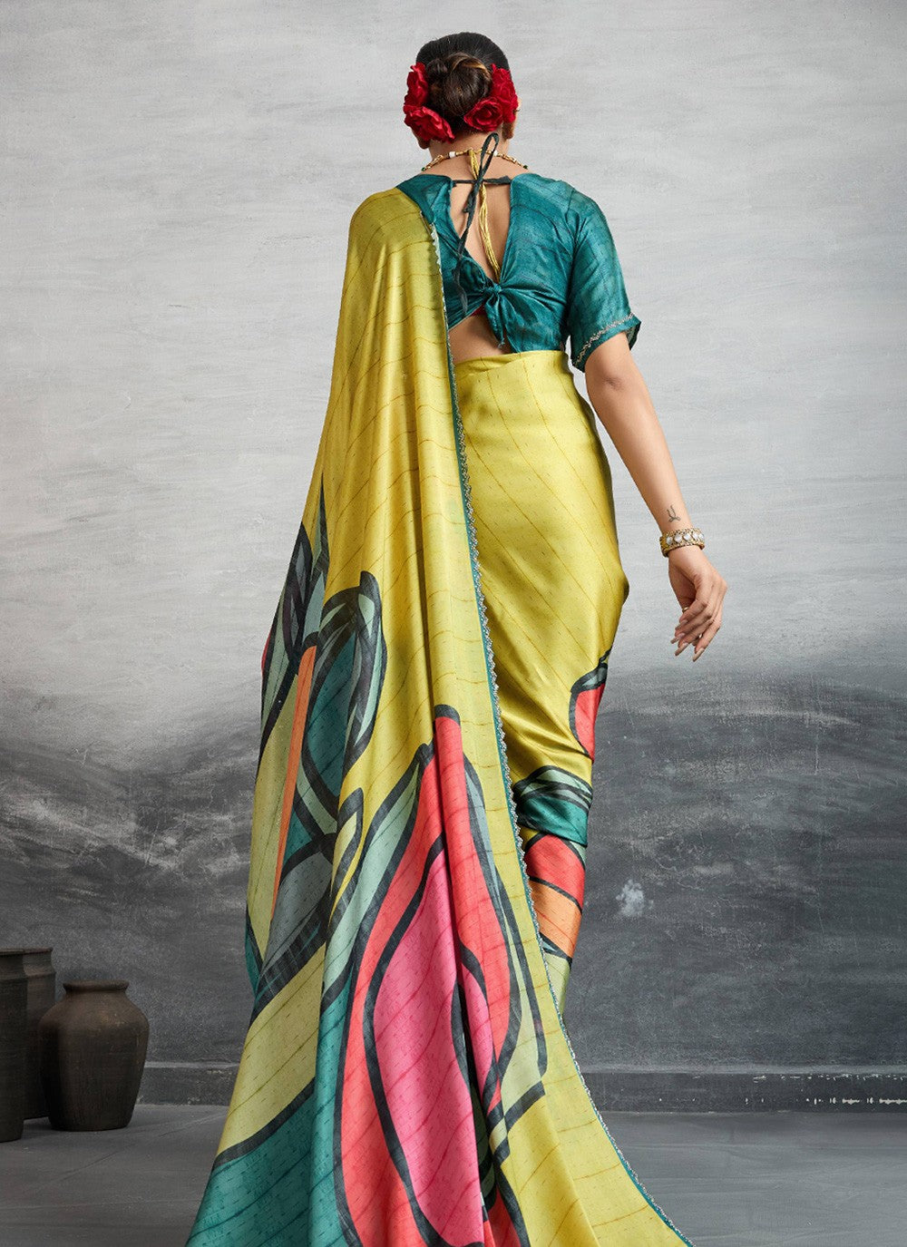 Yellow Satin Silk Contemporary Saree Digital Print S18241