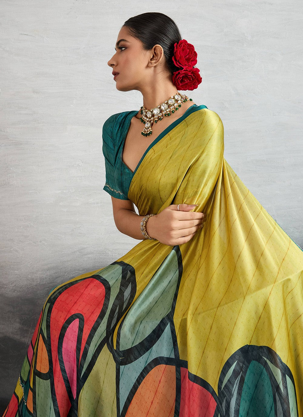 Yellow Satin Silk Contemporary Saree Digital Print S18241