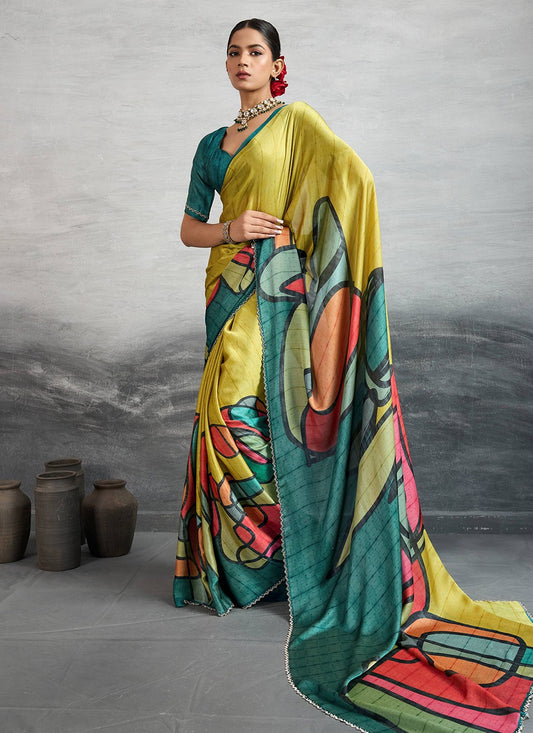 Yellow Satin Silk Contemporary Saree Digital Print S18241