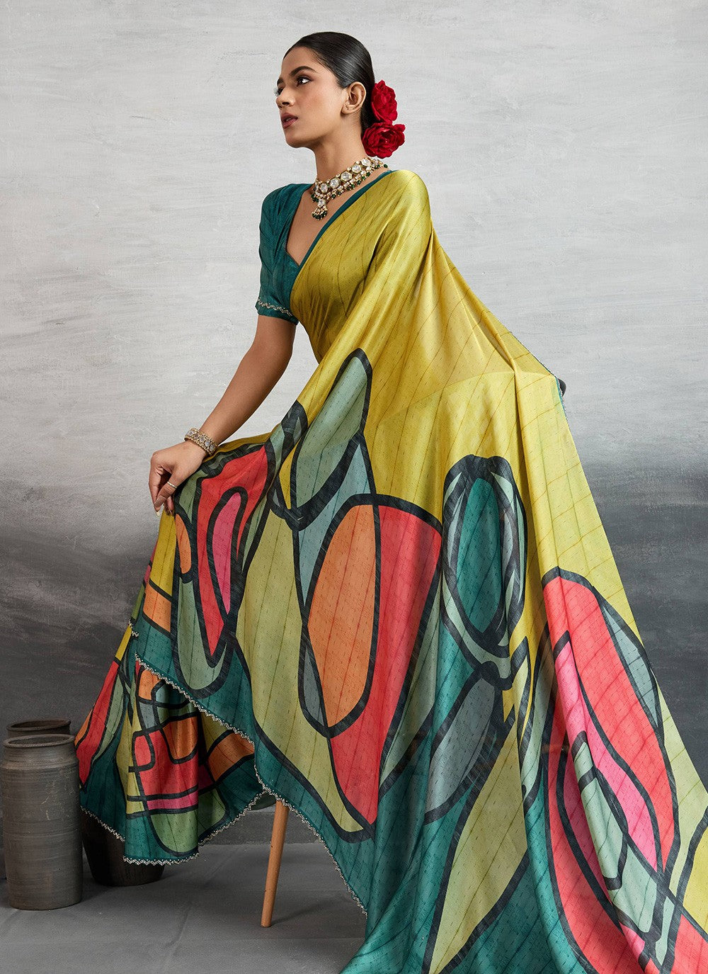 Yellow Satin Silk Contemporary Saree Digital Print S18241