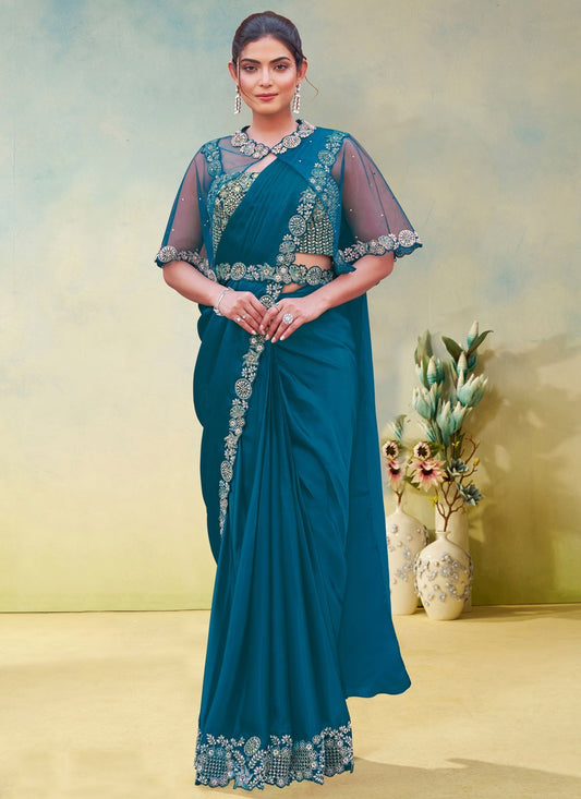 Teal Satin Silk Contemporary Saree Embroidered, Sequins S19904